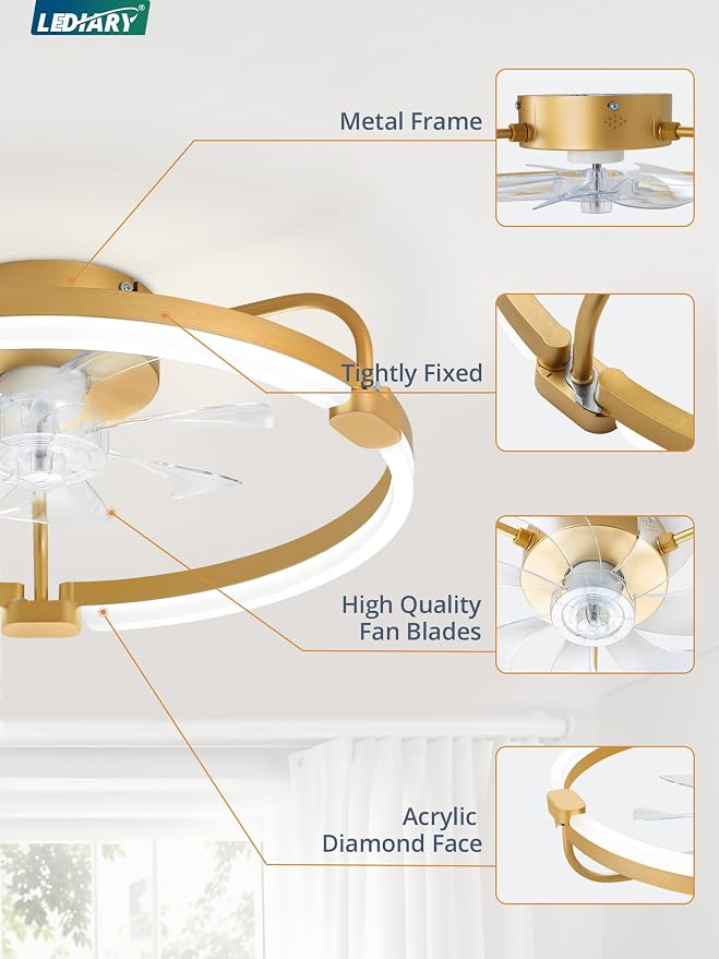 LEDIARY Ceiling Fans with Lights and Remote, 20'' Low Profile Ceiling Fan with Light, 3000-6000K Dimmable Fandelier LED Fan Light, 6 Wind Speeds, Gold Modern Flush Mount Ceiling Fan for Bedroom