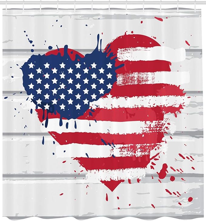 Ambesonne Americana Shower Curtain, USA Flag in Heart Shape on Wood Holiday Splattered Grunge Style Illustration, Cloth Fabric Bathroom Decor Set with Hooks, 69" W x 70" L, Cream Blue