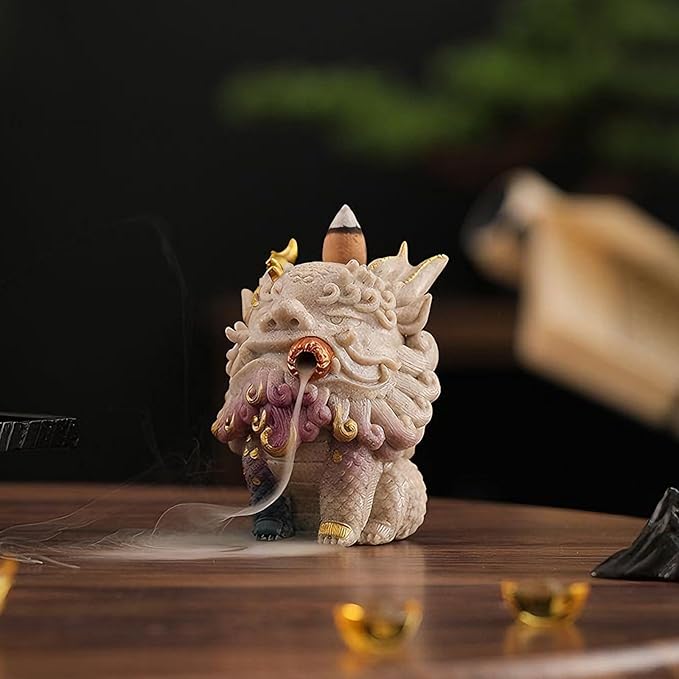 Backflow Incense Burner - Resin Tabletop Incense Holder for Cones, Fortune Dragon Statue Home Decor, Desktop Aromatherapy Ornament with Smoke Waterfall Effect for Living Room