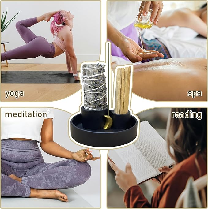 4 in 1 Incense Burner Holder, Palo Santo Holder, Sage Holder for Burning, Ceramic Incense Sticks Holder for Meditation Yoga Room Home Decor(Black)