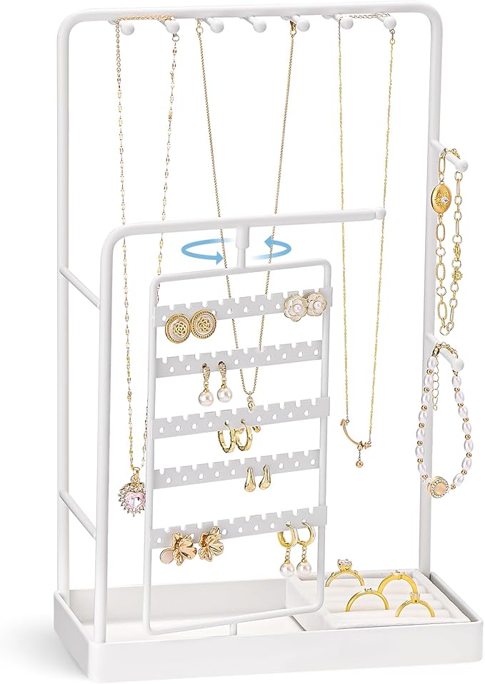 ProCase Jewelry Stand Holder Organizer and Storage, White (No-Assembly) | Rotating Earring Bracelet Holder Storage, Hanging Jewelry Display Velvet Ring Tray, Teen Girls Birthday Gifts Room Dorm Decor