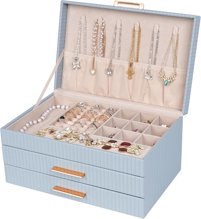 Dajasan Jewelry Box Organizer, 3-Tier Jewelry Storage with 2 Drawers, Large Jewelry Boxes for Women, PU Leather Surface with Texture, Gift Idea, Modern Style, 10.71 x 7 x 5.6 Inches (Smoky Blue)