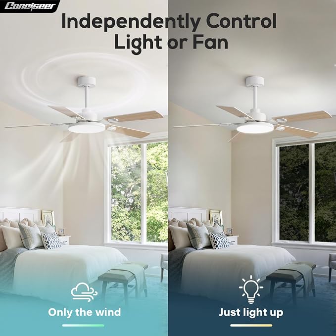 Conciseer 52 Inch Ceiling Fans with Lights and Remote for Bedroom Living Room Kitchen Office, Indoor/Outdoor Use, 6CCT Dimmable, 5 Blades, 6 Speed Reversible Quiet DC Motor, White/Wood Grain