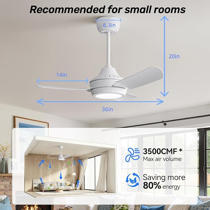 36" Ceiling Fans with Lights,Low Profile Ceiling Fan with Lights and Remote Control,Smart Ceiling Fan,Noiseless Reversible DC Motor,3 Blade White Ceiling Fans,Ceiling Fan for Indoor/Outdoor