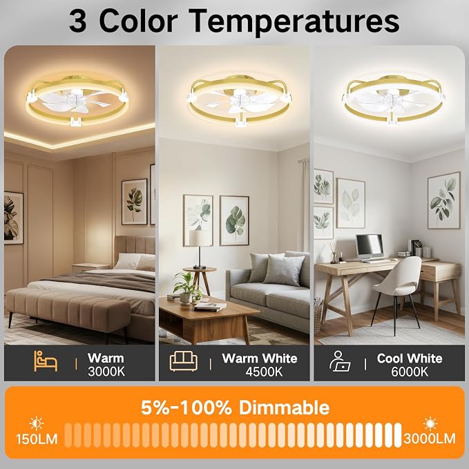 OUTON 20" Ceiling Fan with Light, Remote & App Control, Fandelier Low Profile Flush Mount Ceiling Fan with 3000K-6500K Stepless Dimmable, 6 Speed, Quiet DC Motor, Small Modern Ceiling Fans for Bedroom
