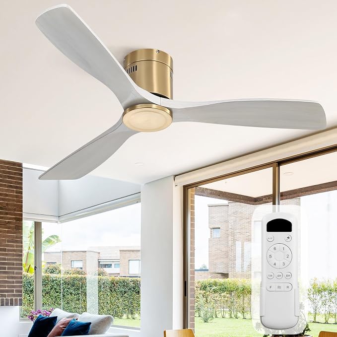 Sofucor 52 Inch Solid Wood Ceiling Fan Without Lights Flush Mount Ceiling Fans with Remote Control, Wood Blades Modern Outdoor Ceiling Fan No Light for Bedroom/Farmhouse/Patio/Indoor, Grey Gold