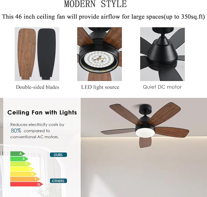 GJeg Ceiling Fans with Lights, 42 Inch Low Profile Ceiling Fan with Lights and Remote Control, LED Dimmable DC Reversible, 8 Speed, Noiseless, Modern Brown Ceiling Fan for Bedroom, Indoor/Outdoor Use