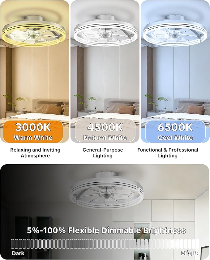 Ceiling Fans with Lights and Remote, Low Profile Ceiling Fan, Morden Flush Mount LED Fan Light, 3000K-6500K Dimmable for Bedroom, Kitchen, Living Room, Striped, White