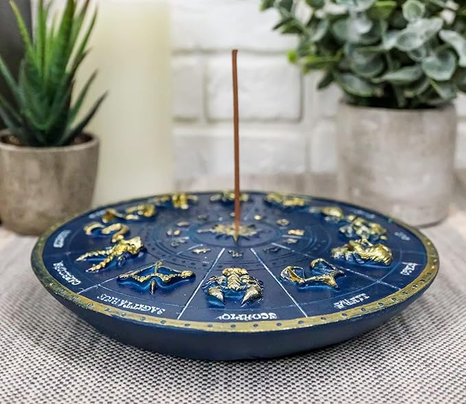 Ebros Gift Blue Ancient Greek Astrological Horoscopes Zodiac Constellations with Sun and Moon Decorative Incense Holder Burner Figurine 6.5" Diameter Home Aromatherapy Accessory