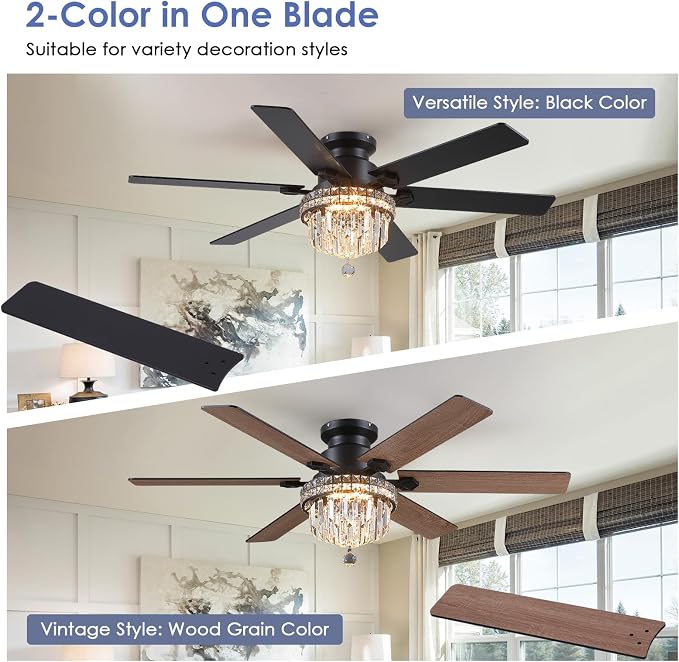 Asyko 52" Low Profile Crystal Ceiling Fans with LED Lights and Remote/APP | Supports Remote and APP,Reversible 6 Wind Speeds,30W Quiet DC Motor,6 Wood Blades,Dimmable 30W LED,Suits for Bedroom Kitchen