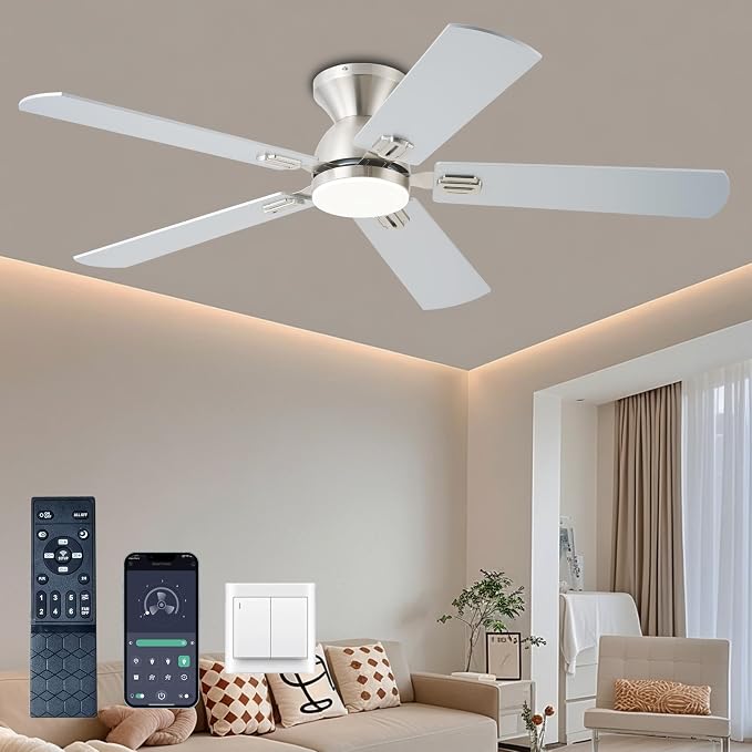KNUN Ceiling Fan with Light,52 Inch Low Profile Ceiling Fans with Remote Control and App,3 Color Dimmable LED, 6 Speeds DC Reversible,Noiseless, Flush Mount Ceiling Fan for Bedroom, Patio