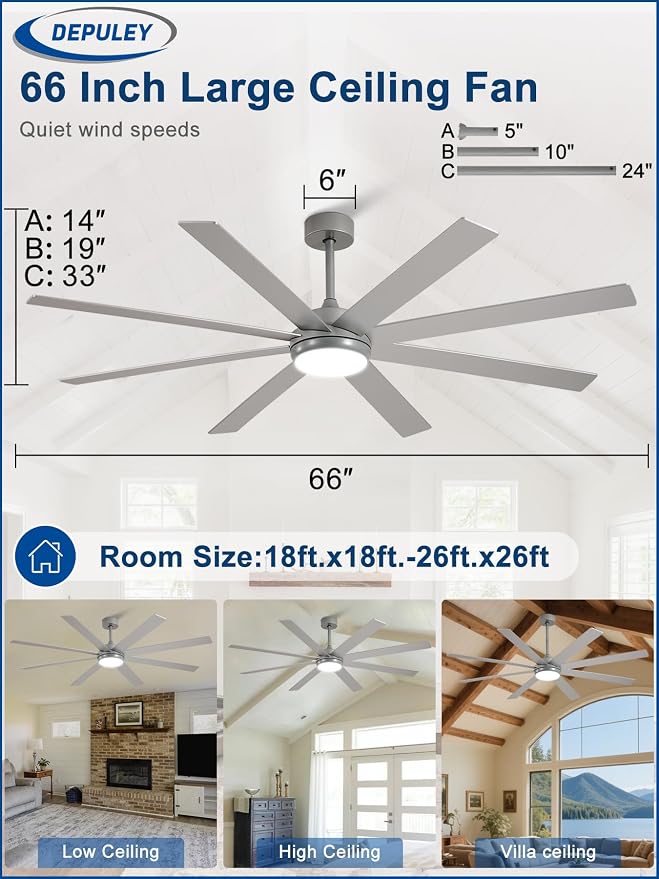 Depuley 66" Ceiling Fans with Lights: Large Indoor/Outdoor Ceiling Fan for Patios Living Room - 8 Blades Silver Dimmable Ceiling Fans with Remote APP Control Timer Reversible Quiet DC Motor 6 Speeds