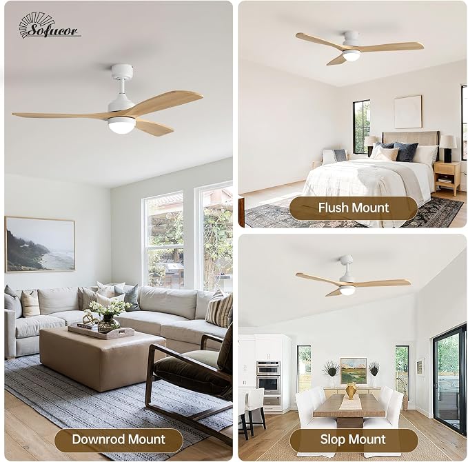 Sofucor 52" Solid Wood Ceiling Fan Lights, Flush Mount & Downrod Mount Ceiling Fan with Lights and Remote, Wood Blades Modern Outdoor Ceiling Fans for Bedroom/Farmhouse/Patio/Indoor