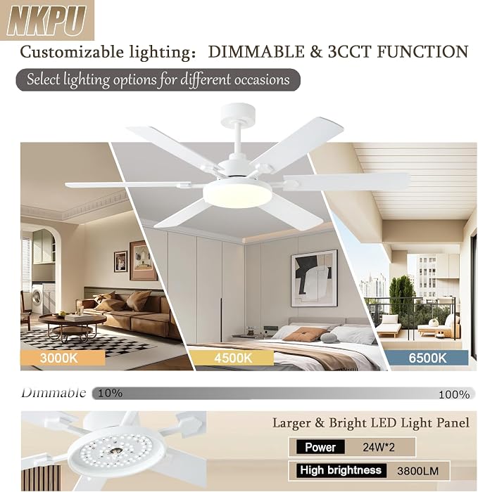 NKPU 56 Inch Ceiling Fans with Lights, Modern White Ceiling Fan with Light and Remote Control, 6 Double Sided Blades, 6 Speed Reversible Motor, Dimmable LED, Silent Timing, Indoor Outdoor Patio Use