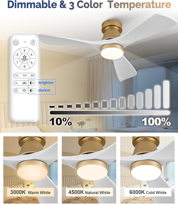 42 Inch Gold Ceiling Fan with Lights, Remote Control, Flush Mount, Dimmable, Reversible,Wood Blades, Power-Off Memory, Quiet DC Motor, Modern Hugger Ceiling Fan for Indoor Outdoor Gold White