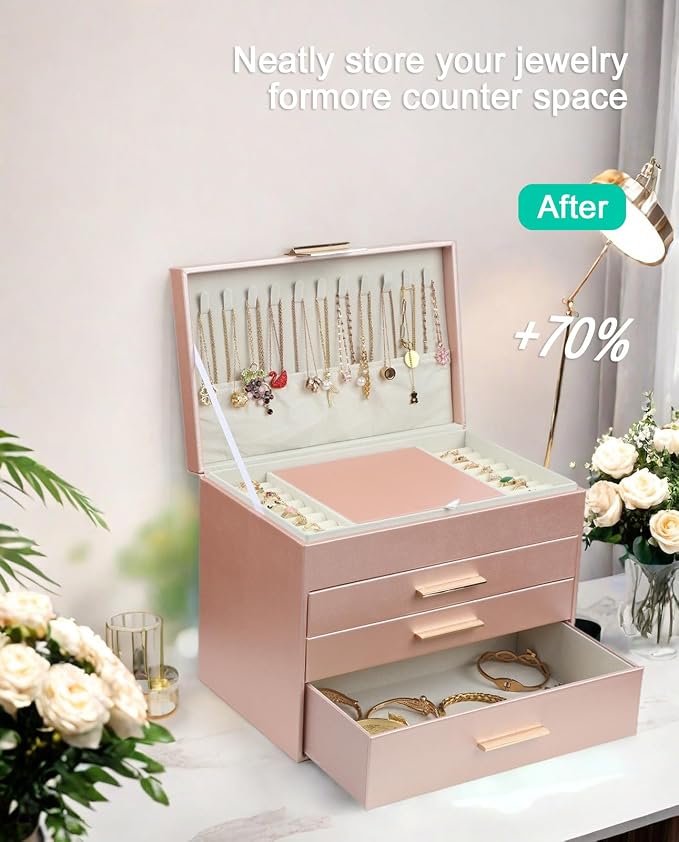 BOOVO Jewelry Boxes for Women, White and Black 6 Layer Large Jewelry Box for Necklace, Bracelet, Earrings, Rings Storage, Jewelry holder Organizer for Girls Gift (Rose Gold, 5 Layer)