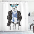 Ambesonne Quirky Shower Curtain, Hipster Jack Russell Dog with Glasses Hand Drawn Sketchy Fashion Animal Fun, Cloth Fabric Bathroom Decor Set with Hooks, 69" W x 75" L, Black White