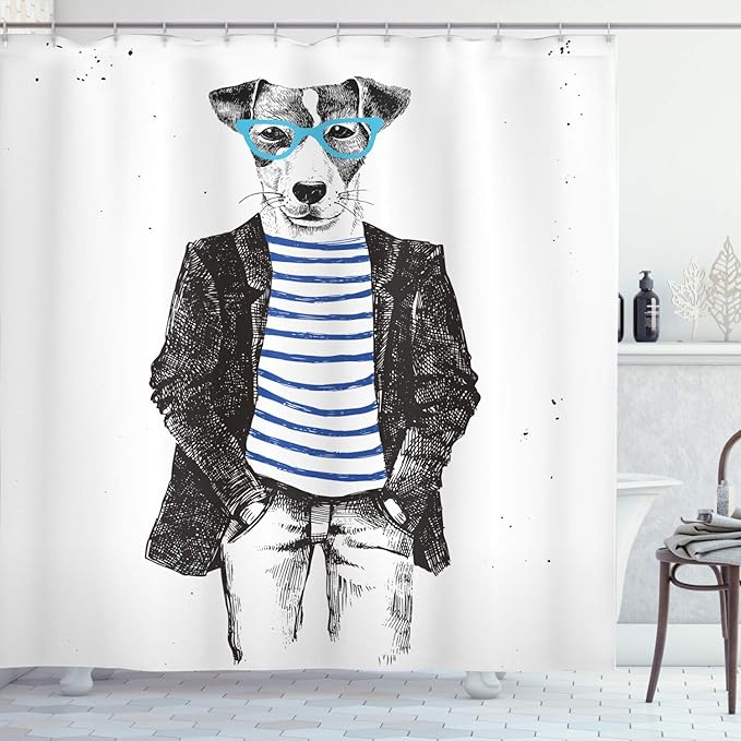 Ambesonne Quirky Shower Curtain, Hipster Jack Russell Dog with Glasses Hand Drawn Sketchy Fashion Animal Fun, Cloth Fabric Bathroom Decor Set with Hooks, 69" W x 75" L, Black White