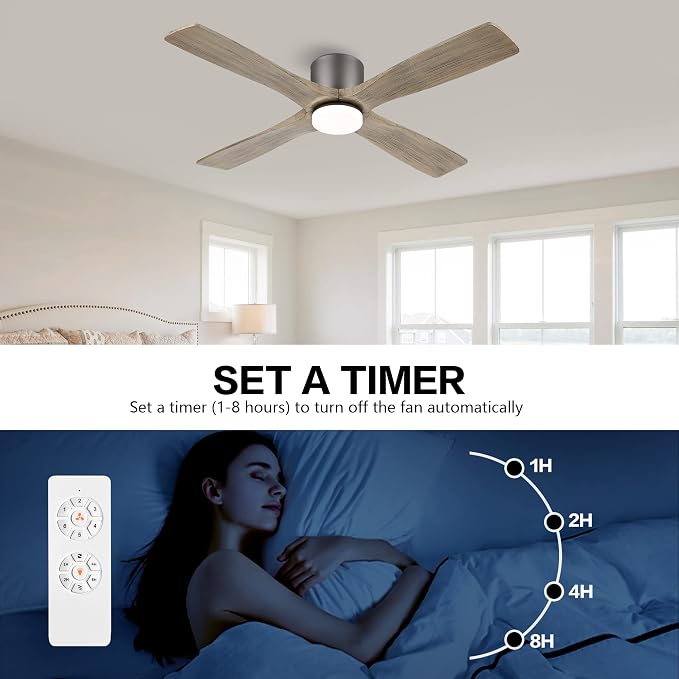 WINGBO 54 Inch Flush Mount DC Ceiling Fan with Lights and Remote, 4 Reversible Carved Wood Blades, 6-Speed Noiseless DC Motor, Hugger Ceiling Fan in Graphite Finish with Gray Blades