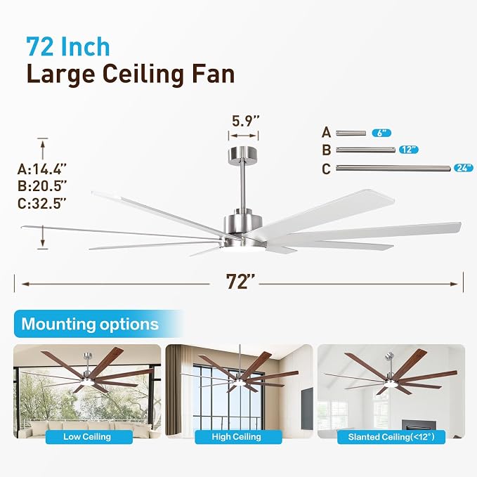 72In Modern Brushed Nickel Ceiling Fans with Light and Remote,6 Speed,3CCT,Quiet Reversible DC Motor Indoor Outdoor Ceiling Fan for Patio Living Room Bedroom