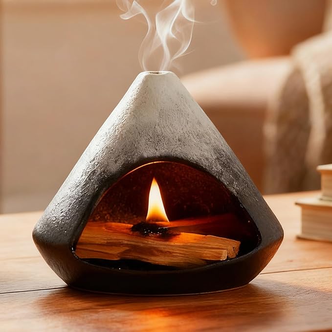 Ceramic Sage Smudging Holder, Pyramid Design Incense Burner with Smoke Outlet, 4.7 x 4.5 x 0.39 Inch, Black and White Glazed Finish (Black)