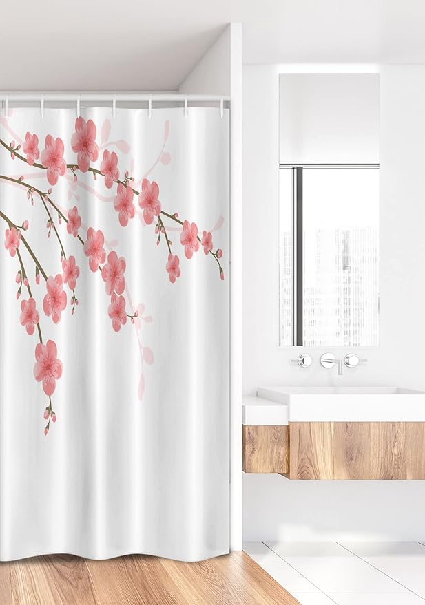 Ambesonne Floral Stall Shower Curtain, Cherry Blossom April Springtime Romantic Feminine Illustration Art Soft Colors, Fabric Bathroom Decor Set with Hooks, 36" W x 72" L, Pink Green