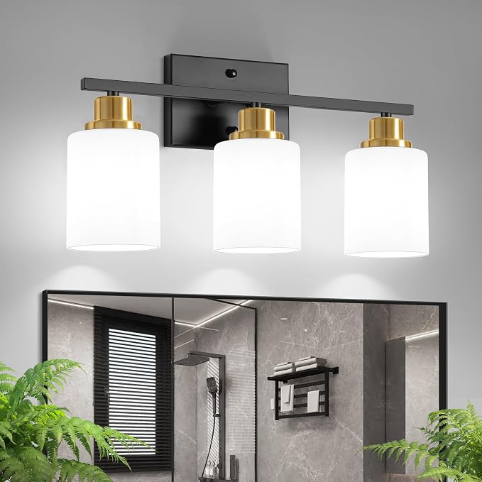 Ascher Bathroom Light Fixtures, 3-Light Vanity Light Over Mirror, Black and Gold Wall Sconces with Milky White Frosted Glass Shades, Wall Lamp for Living Room Bedroom, E26 Base(Bulbs Not Included)