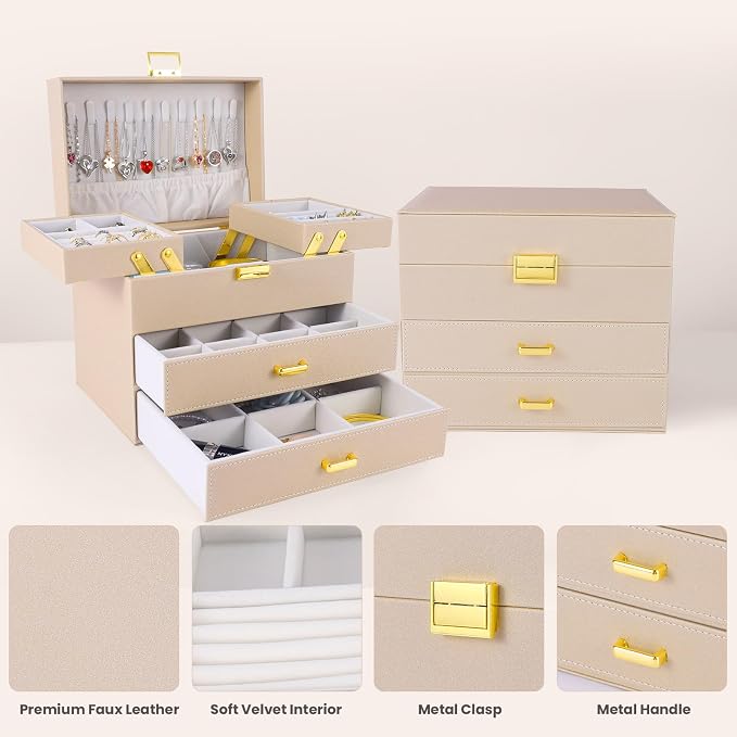 Dajasan Jewelry Organizer Box, Large Jewelry Boxes for Women Girls, Space-Saving 4 Layers Jewelry Storage Case with Drawer, Movable Metal Stand, Modern, Gift Idea (Champagne + Gold)
