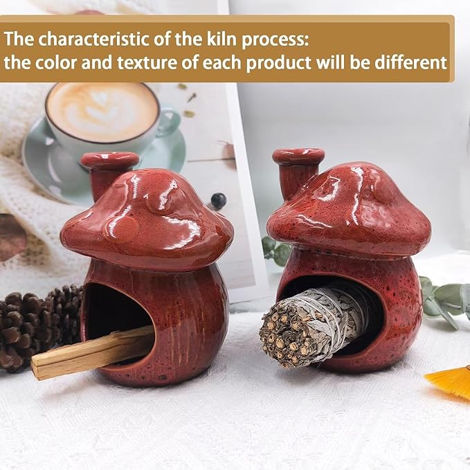 Palo Santo Holder and Sage Burner,Ceramic Mushroom Incense Cone Burner,Mini Chiminea Sage Ash Catcher, Smudge Bowl for Yoga Meditation Home Decor,Speckled Red