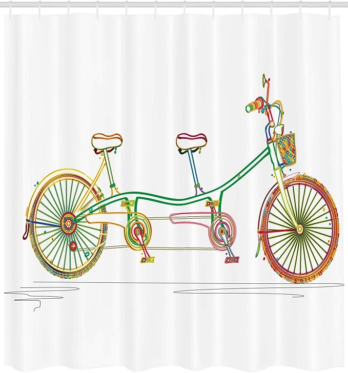 Ambesonne Bicycle Shower Curtain, Colorful Tandem Bicycle Design on White Background Pattern Clipart Style Print, Cloth Fabric Bathroom Decor Set with Hooks, 69" W x 75" L, Jade Green