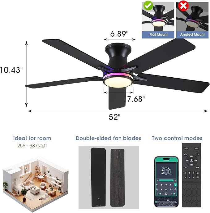52"Black Modern Low Profile RGB Ceiling Fans with Lights and Remote/APP | 14 RGB Modes,Supports Remote and APP,6 Wind Speeds, Reversible, Dimmable 3 CCT LED, 30W DC Motor,Suits for Bedroom Kidsroom