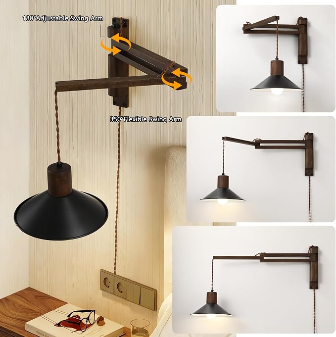 Wood Plug in Wall Sconces, Swing Arm Wall Lamp with Dimmable On Off Switch, 8.6 inch Vintage Wall Mounted Light Fixture with Cord for Bedroom Nightstand Bedside Reading Lamp - Bulb Included
