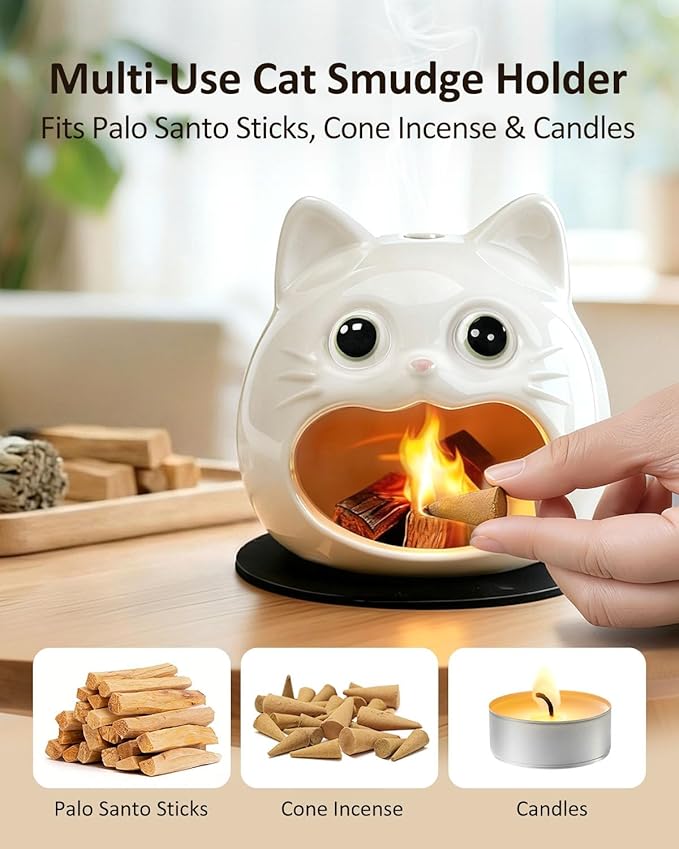 Cute Palo Santo Holder, Cat-Shape Ceramic Palo Santo Burner with Heat-Resistant Mat for Meditation and Energy Cleansing, Smudge Bowl for Wood Sticks, Sage and Incense Cones, Home Decor Gift