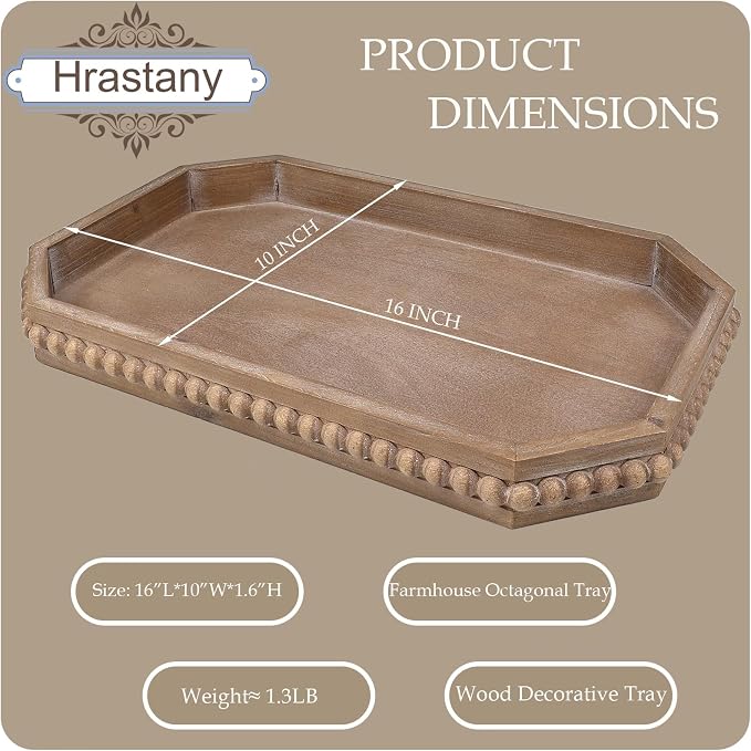 Hrastany Wood Rustic Serving Tray with Beads, Farmhouse Brown Decorative Tray for Table Centerpiece, Christmas Wedding Halloween Home Decor