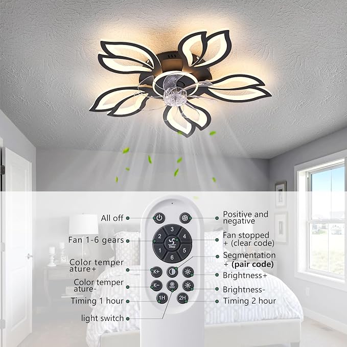 Modern Ceiling Fans with Lights, Low Profile Ceiling Fan with Remote for Bedroom, Flush Mount Ceiling Fan with LED Dimmable Light,3-Colors, 6-Speeds, Timing CeilingFan Light-Black Leaves