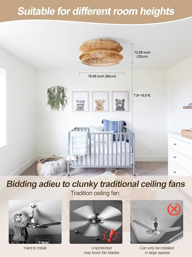 Boho Ceiling Fan with Light, 20'' Coastal Caged Ceiling Fans with Lights and Remote Control, Rattan Flush Mount Fandelier with Reversible 6 Speeds, Low Profile for Bedroom Living Room Dining Room