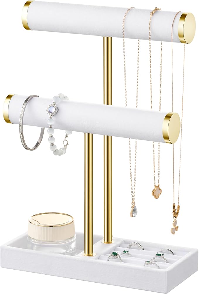 bussdis 2 Tier Bracelet Holder Display, Necklace Holder Organizer, White | Velvet Necklace Holder | Jewelry Tree | Jewelry Towers | Jewelry Stand Organizer for Necklaces, Bracelets, Earrings, Rings