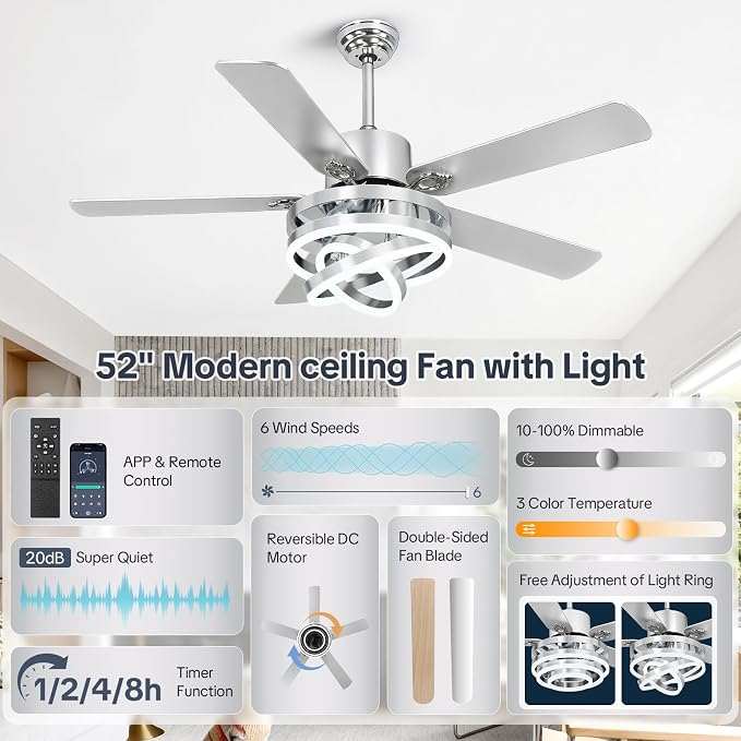 52" Ceilling Fan with Light Chandelier Fan Modern DC Motor Dimmable Led Fandelier Ceiling Fan with Light for Bedroom, Living Room Silver