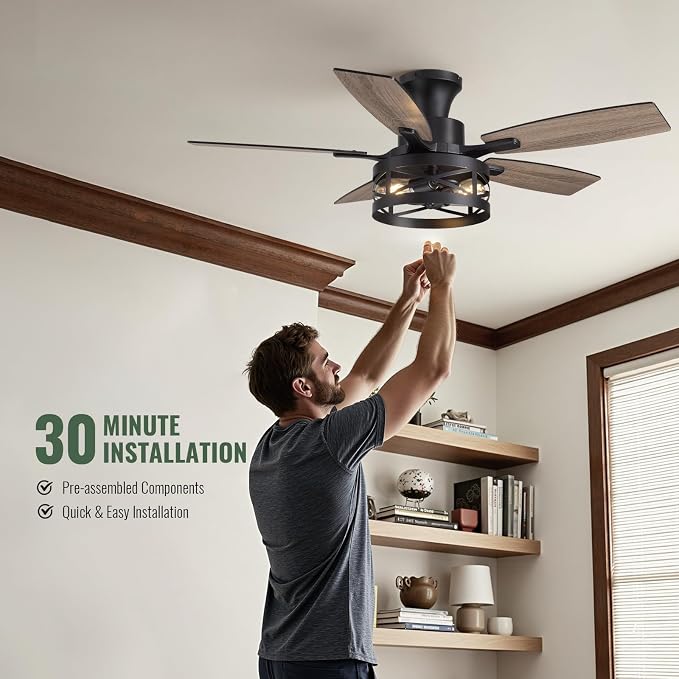 42 Inch Flush Mount Ceiling Fans with Lights and Remote, Farmhouse Low Profile Ceiling Fan with LED Lighting for Bedroom Living Room and Patio, Black Caged Ceiling Fan for Indoor and Outdoor(NO Bulbs)