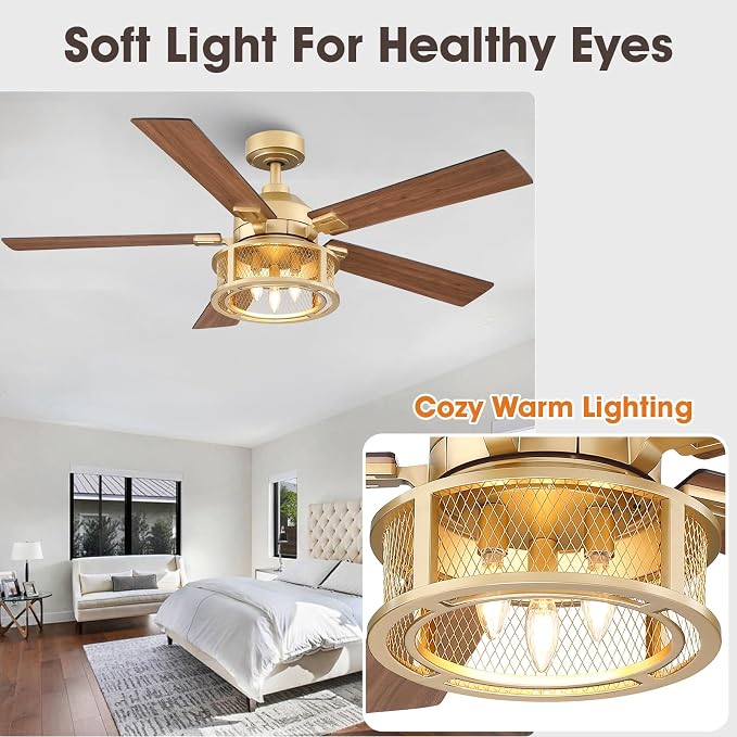 Farmhouse Ceiling Fans with Lights, 52 Inch Ceiling Fan with Remote for Bedroom Living room, Rustic Caged Fandelier with 5 Dual Finish Blades, Reversible Quiet Motor for Indoor/Outdoor, Gold