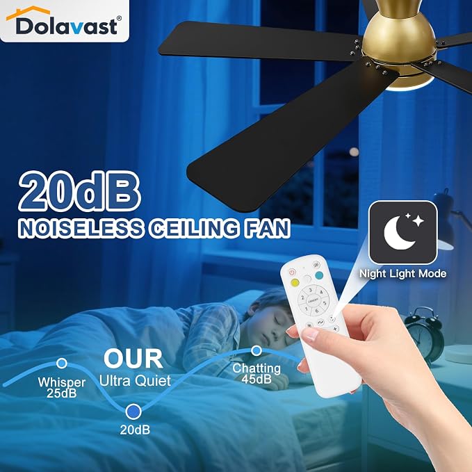 Ceiling Fans with Lights and Remote, 48 Inch Ceiling Fan with Light, Low Profile, Reversible, Dimmable LED, Flush Mount, Quiet, DC Motor, Gold Ceiling Fan for Bedroom, Kitchen, Dining Room
