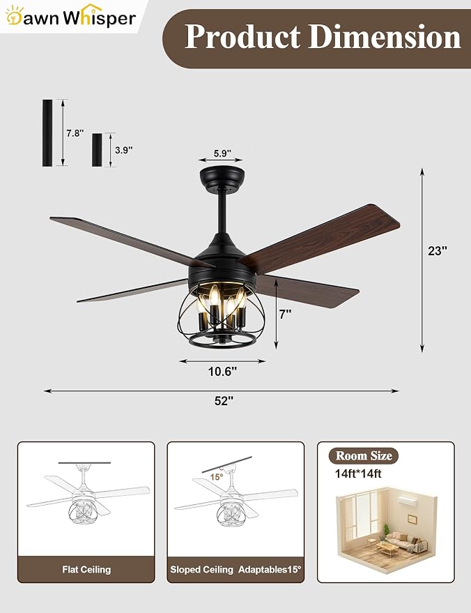 Dawn Whisper 52 Inch Rustic Farmhouse Ceiling Fans with Lights and Remote Quiet and Reversible DC Motor Black Industrial Caged Ceiling Fan for Bedroom Living Room