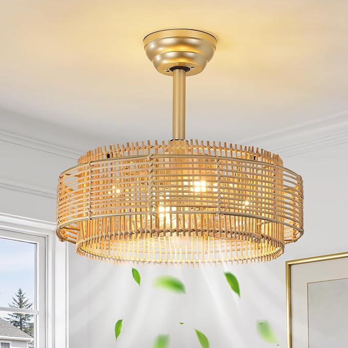 Rattan Boho Ceiling Fans Lights: 19.3'' Layered Ceiling Fans with Light and Remote Control, Farmhouse Semi Flush Mount Fandelier with Reversible 6 Speeds for Bedroom, Nursery, Living Room, E26 Base