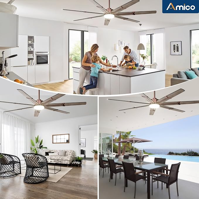 Amico 72 Inch Ceiling Fans with Lights and Remote, Indoor Outdoor Ceiling Fan for Patio Living Room, Kitchen, Quiet 6-Speed Reversible DC Motor, Dual-Sided Blades, Brown Farmhouse Dimmable & 3CCT