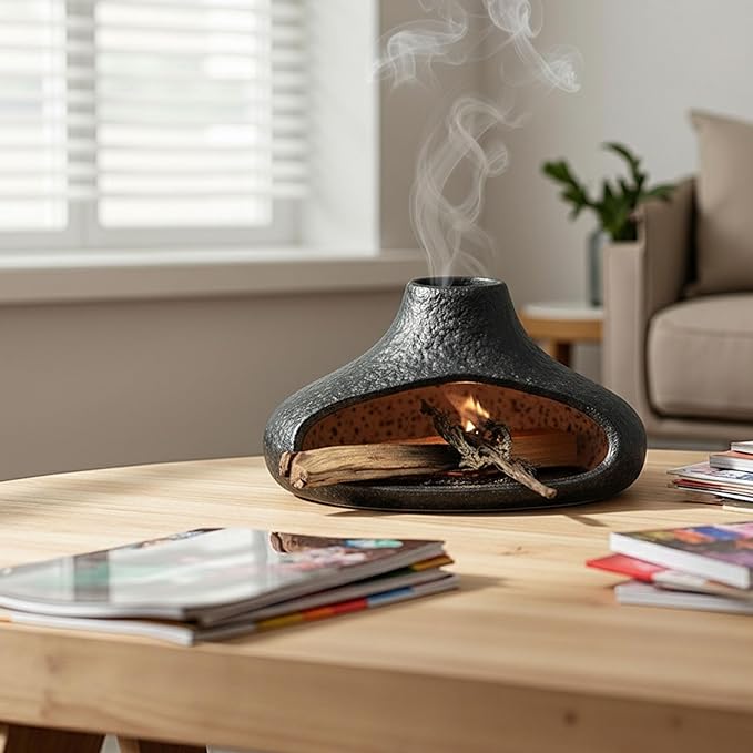 Holder Incense Burner-Mini Ceramic Fireplace,Handmade Smudge,with Chimney,for Sage,Palo Santo,Aromatic Ash Tray for Home Decor, Anxiety Relief & Valentine's Day Meditation Gifts for Women (Black)