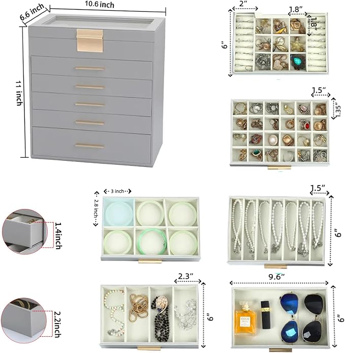 BOOVO Jewelry Boxes for Women, White and Black 6 Layer Large Jewelry Box for Necklace, Bracelet, Earrings, Rings Storage, Jewelry holder Organizer for Girls Gift (Grey, 6 layer)