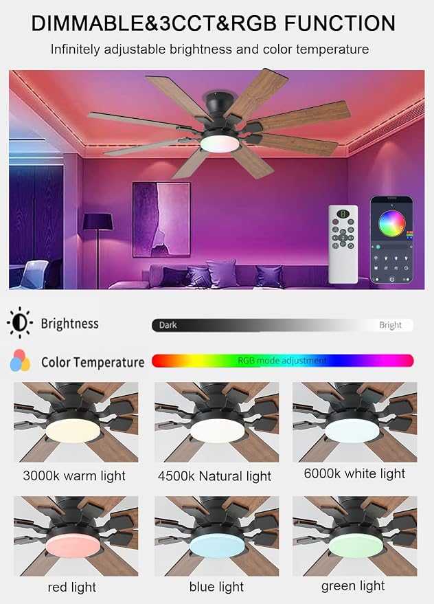 JSAITEE 52 inch Ceiling Fan with Light, 6 Speeds Reversible Low Profile Ceiling Fan with Light and Remote/APP Control, 3 Color Temp+Dimmable RGB, 8 Blades, Flush Mount Quiet Ceiling Fans, Brown