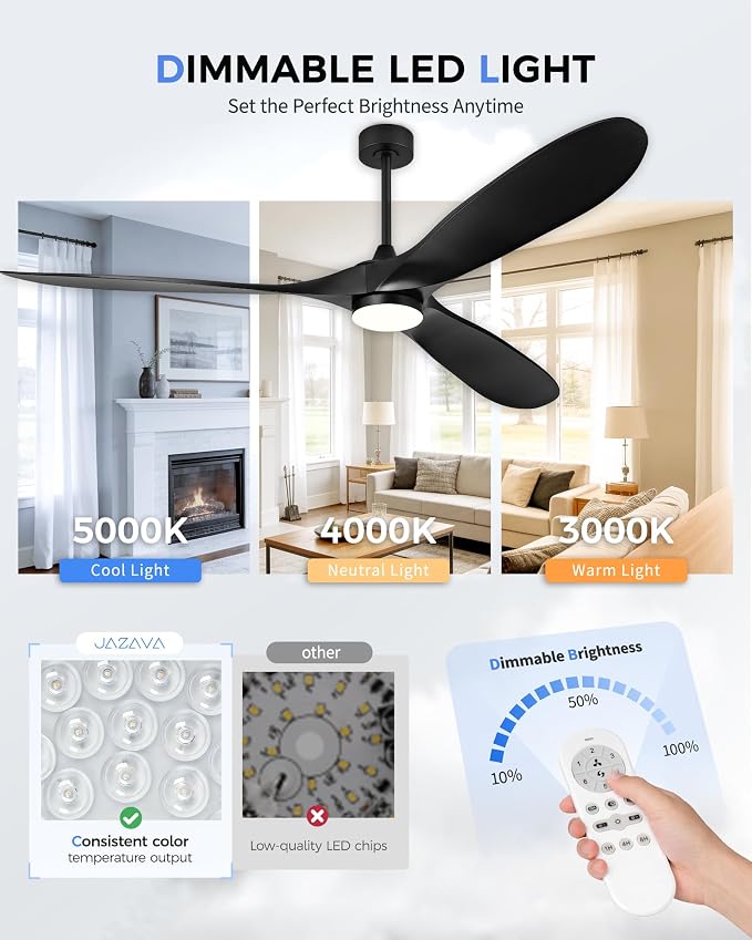 JAZAVA 70'' Coastal Grade Ceiling Fan with Light and Remote, Corrosion Resistant Indoor Outdoor Fan, Quiet DC Motor, 3CCT Dimmable LED, 3-Blade Fan for Living Room, Great Room, Patio, ZCCF08BK-70