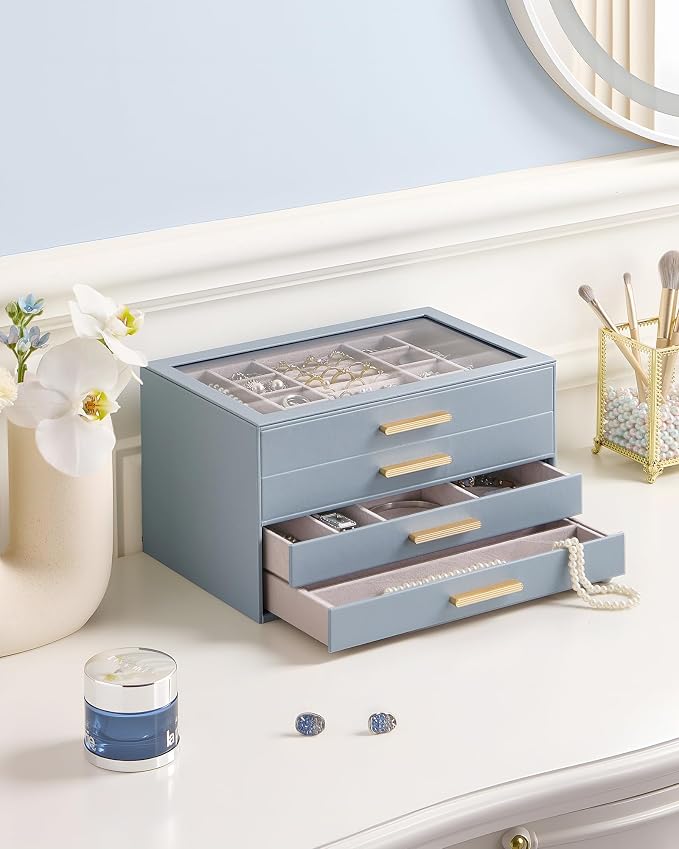 Lolalet Jewelry Box Organizer, 4-Layer Jewelry Organizers and Storage Case with Glass Lid, Ring Earring Bracelet Necklace Holder Organizer, Birthday Valentine Gifts for Women Girls -4Layer, HazeBlue