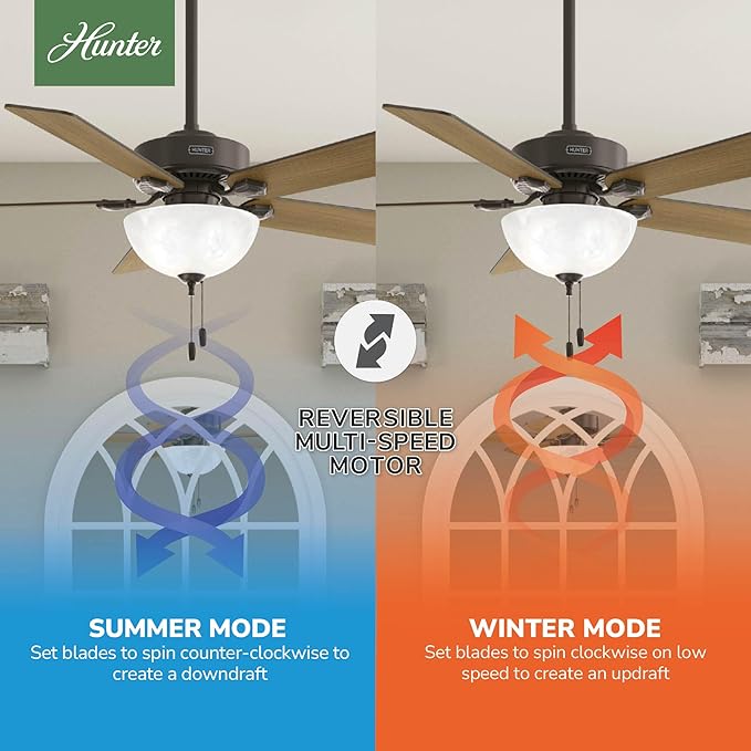 Hunter Swanson, Indoor, Ceiling Fan, with LED Light, 52 inch, New Bronze | Standard Mount, Pull Chain, 5 Blades, For Bedroom, Living Room, Kitchen, 50901